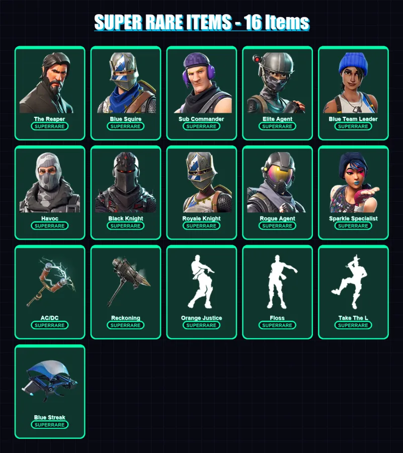 [PC] | The Reaper | Blue Squire | Sub Commander | Elite Agent | Blue Team Leader | 58 skin | 38 pickaxe | 66 emote | 42 glider | Lv386