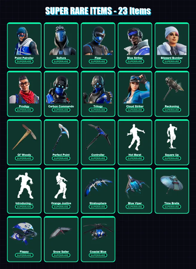 [PC/XBOX] | Point Patroller | Sultura | Fixer | Blue Striker | Blizzard Bomber | 144 skin | 223 pickaxe | 172 emote | 178 glider | Lv4116