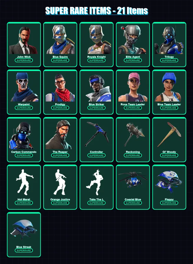 [PC/XBOX] | John Wick | Blue Squire | Royale Knight | Elite Agent | Trilogy | 325 skin | 271 pickaxe | 263 emote | 216 glider | Lv2325