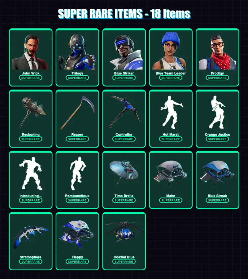 [PS4/PS5/XBOX/PC] | John Wick | Trilogy | Blue Striker | Blue Team Leader | Prodigy | 110 skin | 148 pickaxe | 139 emote | 126 glider | Lv1837