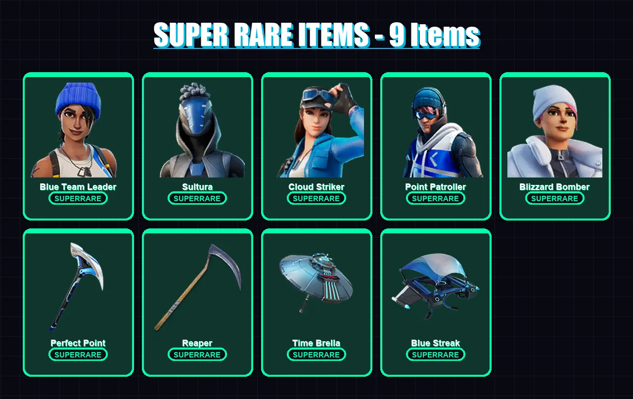 [PC] | Blue Team Leader | Sultura | Cloud Striker | Point Patroller | Blizzard Bomber | 168 skin | 218 pickaxe | 141 emote | 174 glider | Lv2318