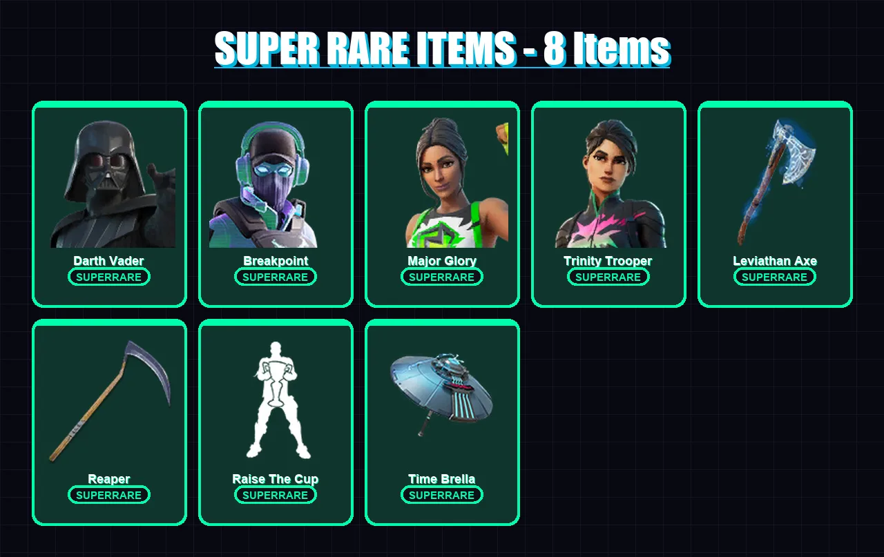 [SWITCH/PSN/PC] | Darth Vader | Breakpoint | Major Glory | Trinity Trooper | Lara Croft | 566 skin | 499 pickaxe | 353 emote | 321 glider | Lv5938