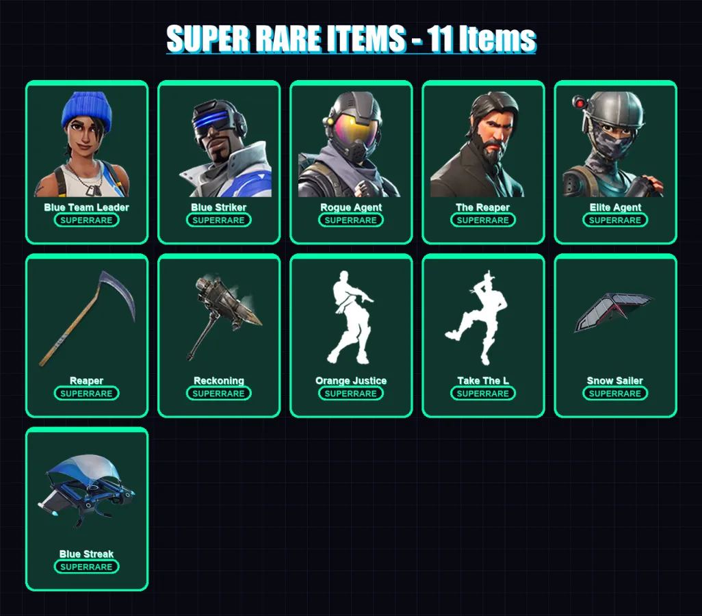 [PS4/PS5/XBOX/PC] | Blue Team Leader | Blue Striker | Rogue Agent | The Reaper | Elite Agent | 44 skin | 25 pickaxe | 34 emote | 28 glider | Lv252