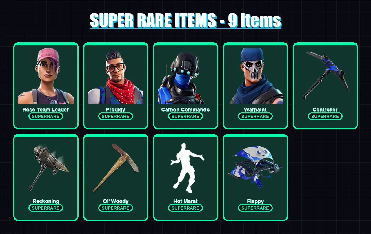 [PC/PSN] | Rose Team Leader | Prodigy | Carbon Commando | Warpaint | Dire | 71 skin | 152 pickaxe | 100 emote | 101 glider | Lv1891