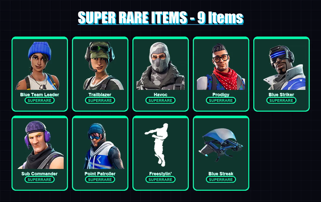 [PS4/PS5/XBOX/PC] | Blue Team Leader | Trailblazer | Havoc | Prodigy | Blue Striker | 85 skin | 100 pickaxe | 89 emote | 79 glider | Lv1308