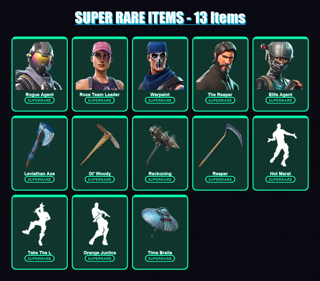 [PC/XBOX/PSN] | Rogue Agent | Rose Team Leader | Warpaint | The Reaper | Elite Agent | 85 skin | 63 pickaxe | 65 emote | 70 glider | Lv885