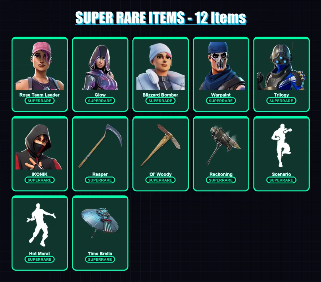 [PS4/PS5/XBOX/PC] | Rose Team Leader | Glow | Blizzard Bomber | Warpaint | Trilogy | 62 skin | 61 pickaxe | 67 emote | 70 glider | Lv1128