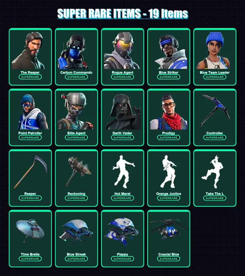 [PS4/PS5/PC] | The Reaper | Carbon Commando | Rogue Agent | Blue Striker | Blue Team Leader | 190 skin | 175 pickaxe | 171 emote | 155 glider | Lv23