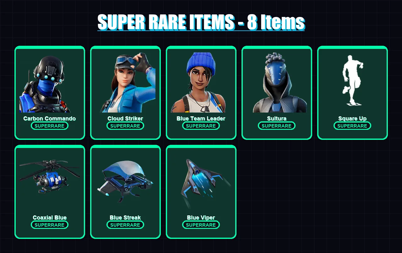 [PS4/PS5/XBOX/PC] | Carbon Commando | Cloud Striker | Blue Team Leader | Sultura | Malik | 126 skin | 150 pickaxe | 100 emote | 123 glider | Lv1624