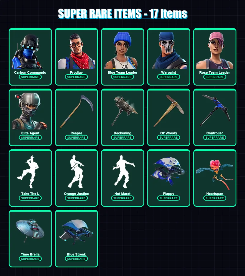 [PS4/PS5/XBOX/PC] | Carbon Commando | Prodigy | Blue Team Leader | Warpaint | Rose Team Leader | 102 skin | 77 pickaxe | 94 emote | 87 glider | Lv11