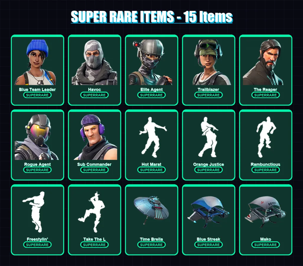 [PC] | Blue Team Leader | Havoc | Elite Agent | Trailblazer | The Reaper | 50 skin | 83 pickaxe | 78 emote | 77 glider | Lv1506