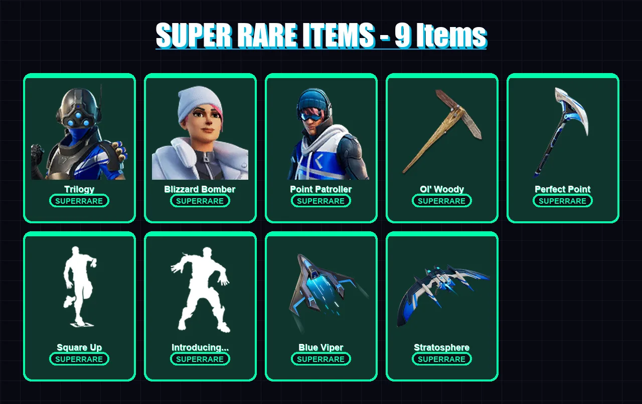 [PS4/PS5/XBOX/PC] | Trilogy | Blizzard Bomber | Point Patroller | Midas | Predator | 65 skin | 89 pickaxe | 68 emote | 73 glider | Lv758