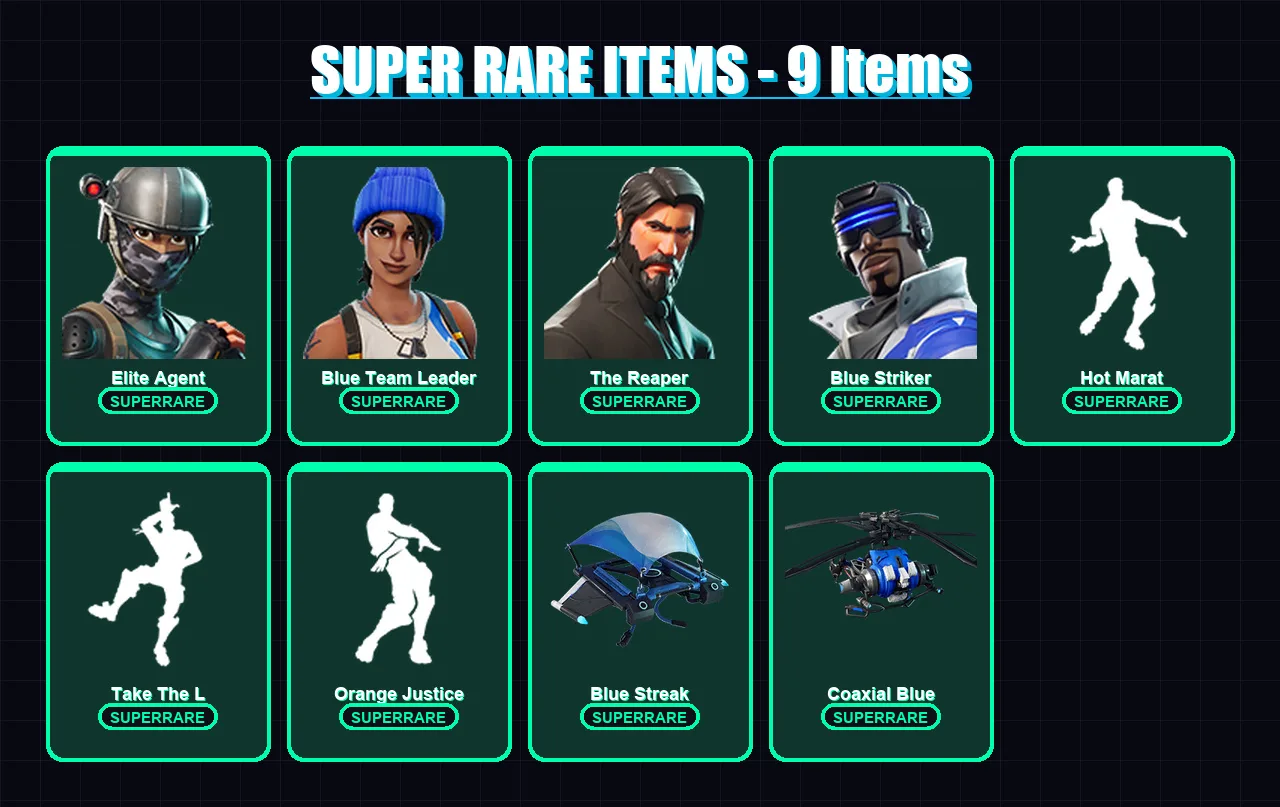 [PS4/PS5/XBOX/PC] | Elite Agent | Blue Team Leader | The Reaper | Blue Striker | The Visitor | 42 skin | 43 pickaxe | 51 emote | 56 glider | Lv1002 — Fortnite account