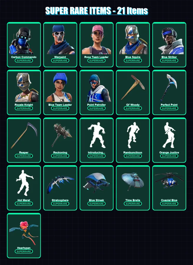 [PC/XBOX/PSN] | Carbon Commando | Warpaint | Rose Team Leader | Blue Squire | Blue Striker | 128 skin | 178 pickaxe | 124 emote | 145 glider | Lv251