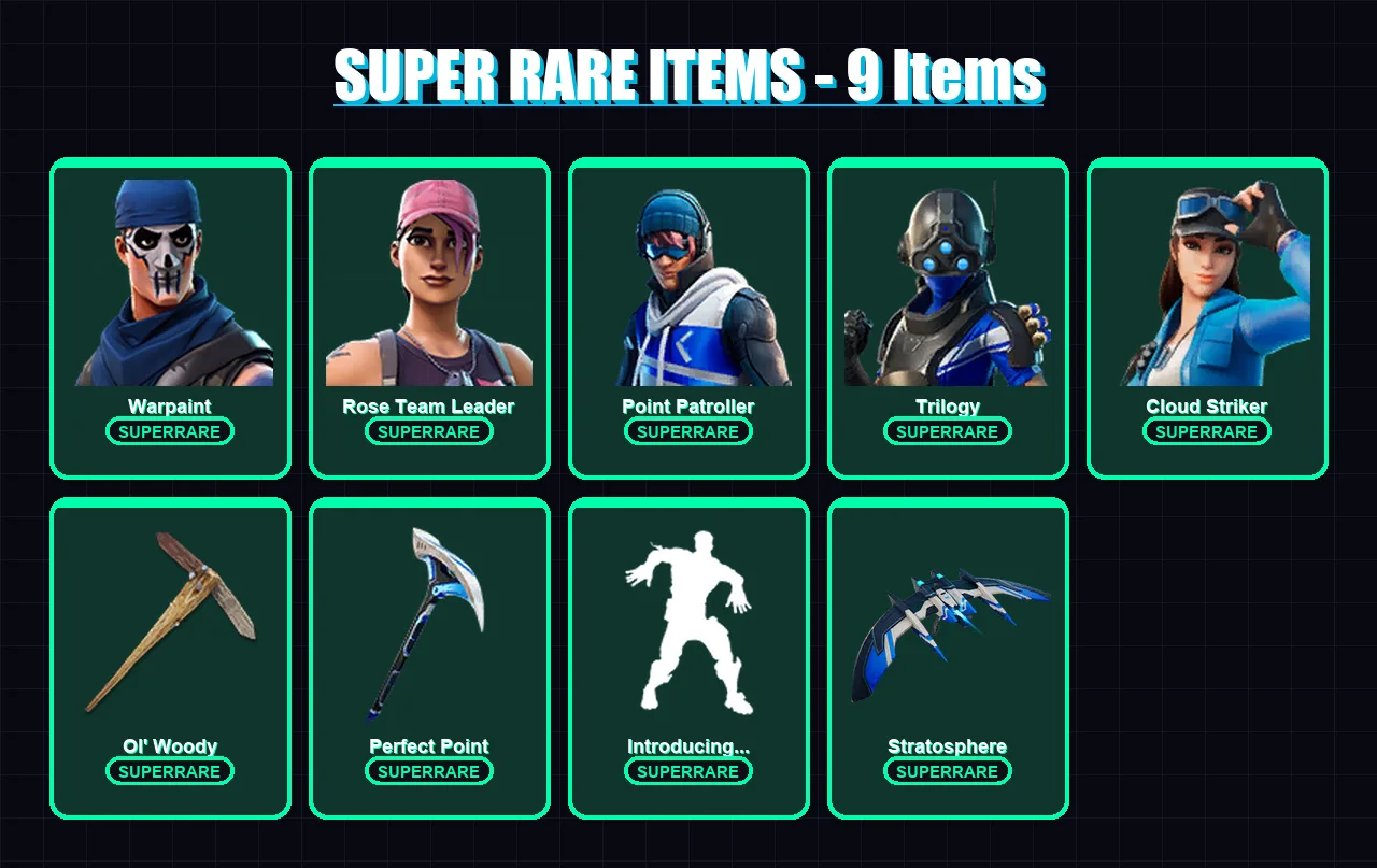 [PS4/PS5/XBOX/PC] | Warpaint | Rose Team Leader | Point Patroller | Trilogy | Cloud Striker | 118 skin | 158 pickaxe | 98 emote | 113 glider | Lv177