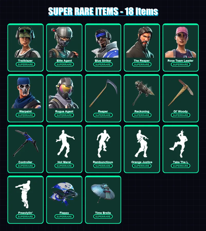 [PC/XBOX] | Trailblazer | Elite Agent | Blue Striker | The Reaper | Rose Team Leader | 143 skin | 112 pickaxe | 155 emote | 121 glider | Lv1835