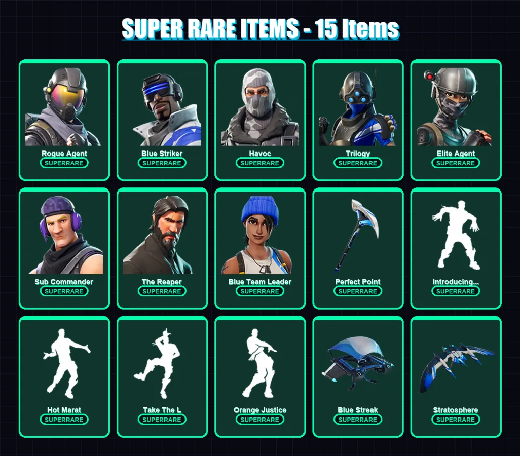 [PS4/PS5/XBOX/PC] | Rogue Agent | Blue Striker | Havoc | Trilogy | Elite Agent | 37 skin | 63 pickaxe | 52 emote | 60 glider | Lv939