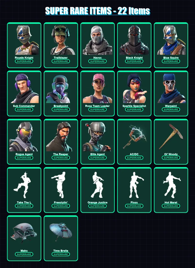 [PC] | Royale Knight | Trailblazer | Havoc | Black Knight | Blue Squire | 108 skin | 139 pickaxe | 103 emote | 100 glider | Lv1659