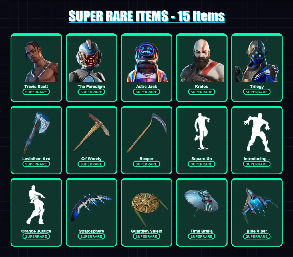[PS4/PS5/XBOX/PC] | Travis Scott | The Paradigm | Astro Jack | Kratos | Trilogy | 110 skin | 89 pickaxe | 100 emote | 79 glider | Lv1042