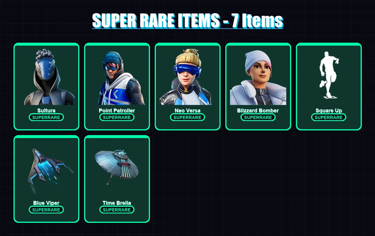 [PC] | Sultura | Point Patroller | Neo Versa | Blizzard Bomber | Fade | 100 skin | 167 pickaxe | 95 emote | 127 glider | Lv2084