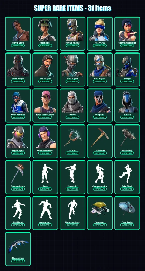 [PC/XBOX/PSN] | Travis Scott | Trailblazer | Royale Knight | Neo Versa | Sparkle Specialist | 166 skin | 130 pickaxe | 145 emote | 118 glider | Lv15 — Fortnite account
