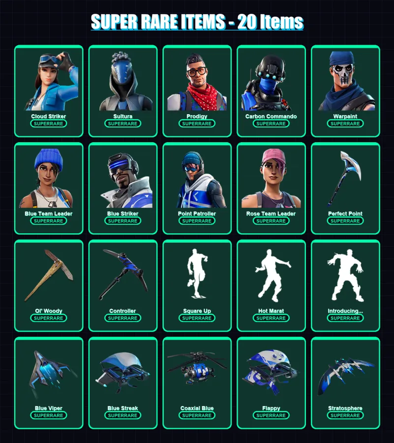 [PS4/PS5/XBOX/PC] | Cloud Striker | Sultura | Prodigy | Carbon Commando | Warpaint | 50 skin | 109 pickaxe | 82 emote | 104 glider | Lv2050