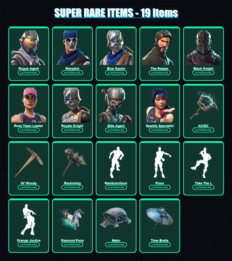 [PC/PSN] | Rogue Agent | Warpaint | Blue Squire | The Reaper | Black Knight | 84 skin | 68 pickaxe | 107 emote | 76 glider | Lv878