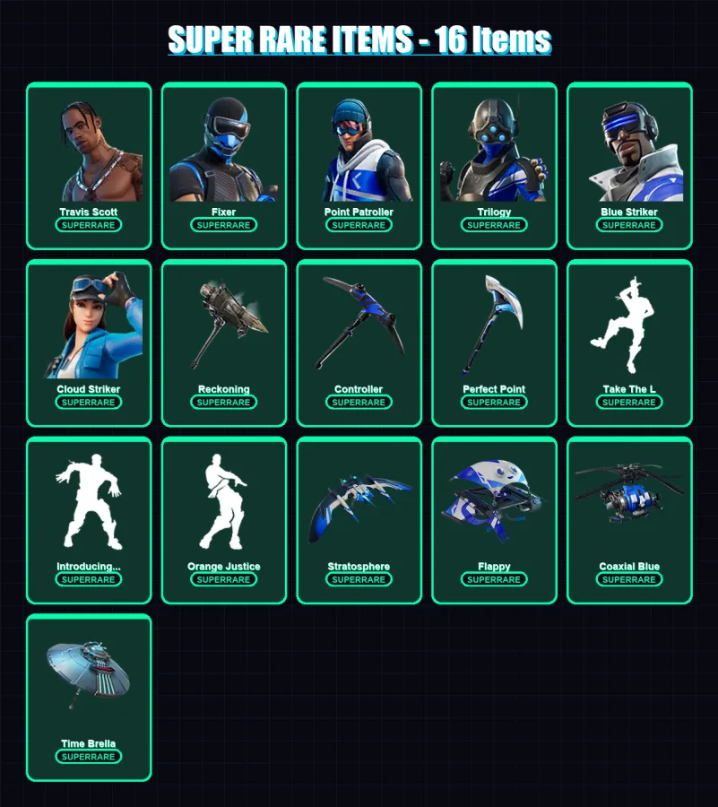 [PS4/PS5/XBOX/PC] | Travis Scott | Fixer | Point Patroller | Trilogy | Blue Striker | 54 skin | 51 pickaxe | 51 emote | 55 glider | Lv730