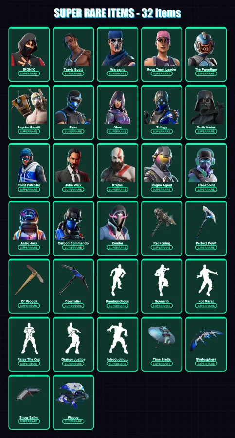 [PS4/PS5/XBOX/PC] | IKONIK | Travis Scott | Warpaint | Rose Team Leader | The Paradigm | 384 skin | 253 pickaxe | 299 emote | 198 glider | Lv2592