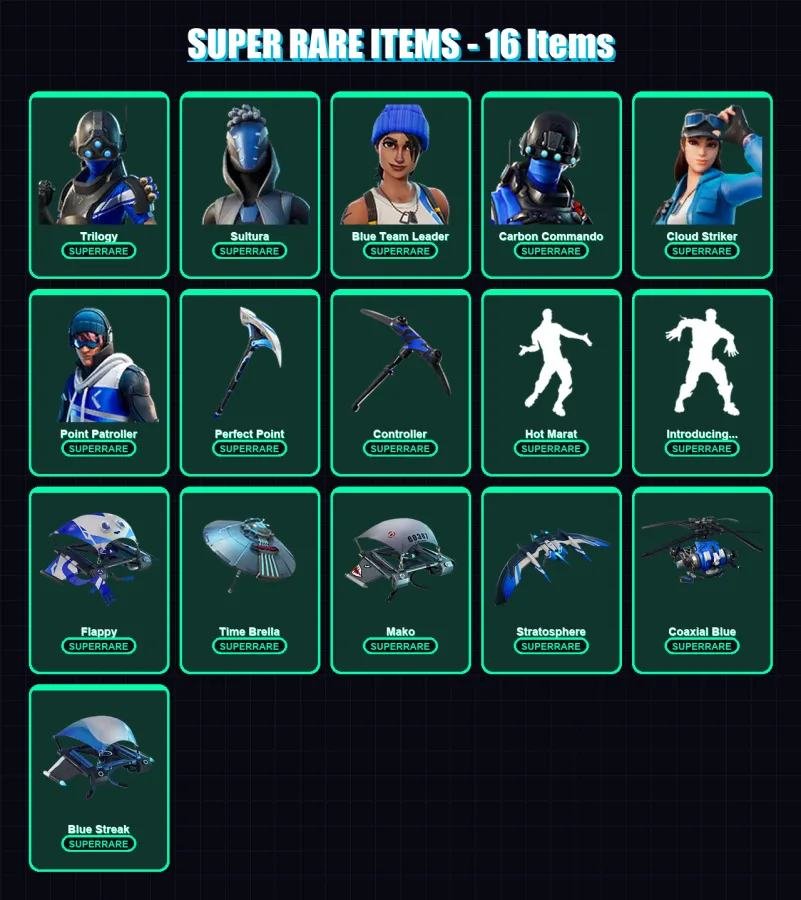 [PS4/PS5/XBOX/PC] | Trilogy | Sultura | Blue Team Leader | Carbon Commando | Cloud Striker | 12 skin | 17 pickaxe | 25 emote | 29 glider | Lv441 — Fortnite account