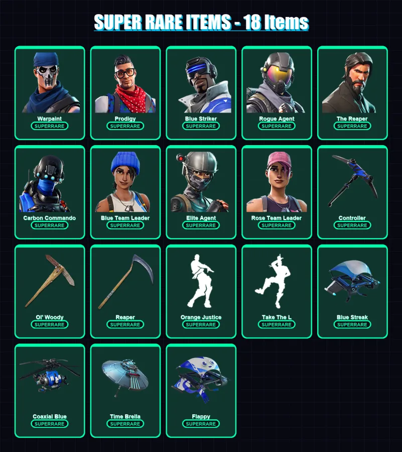 [PS4/PS5/XBOX/PC] | Warpaint | Prodigy | Blue Striker | Rogue Agent | The Reaper | 88 skin | 100 pickaxe | 103 emote | 112 glider | Lv1391