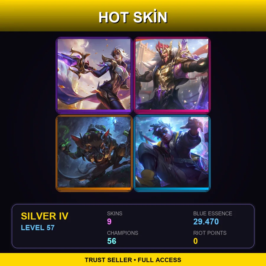 EUW | Lv57 | Silver IV | 9 Skin | 56 Champ — LoL account