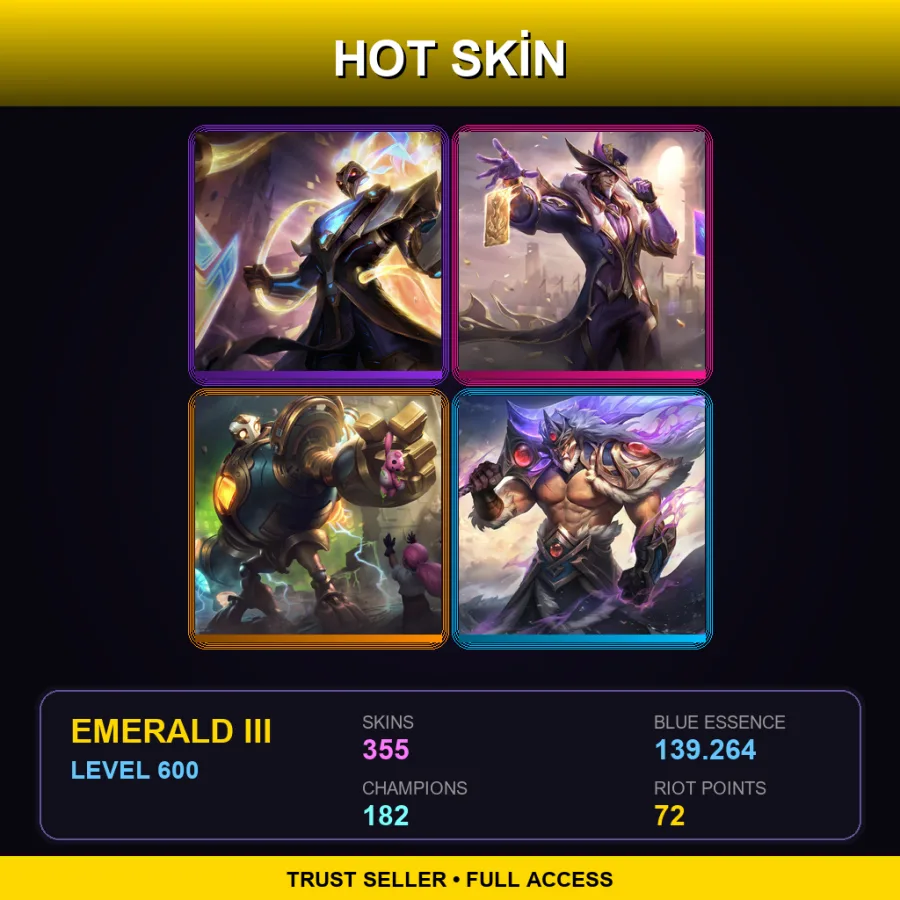 EUW | Lv600 | Emerald III | 355 Skin | 182 Champ