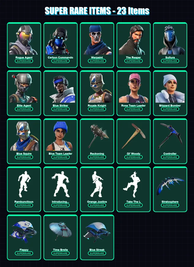 [PC/XBOX/PSN] | Rogue Agent | Carbon Commando | Warpaint | The Reaper | Sultura | 60 skin | 61 pickaxe | 63 emote | 61 glider | Lv856