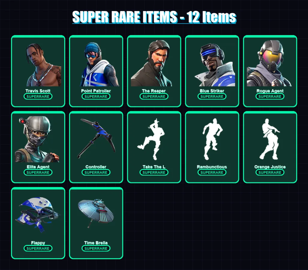 [PC] | Travis Scott | Point Patroller | The Reaper | Blue Striker | Rogue Agent | 61 skin | 60 pickaxe | 72 emote | 65 glider | Lv1062