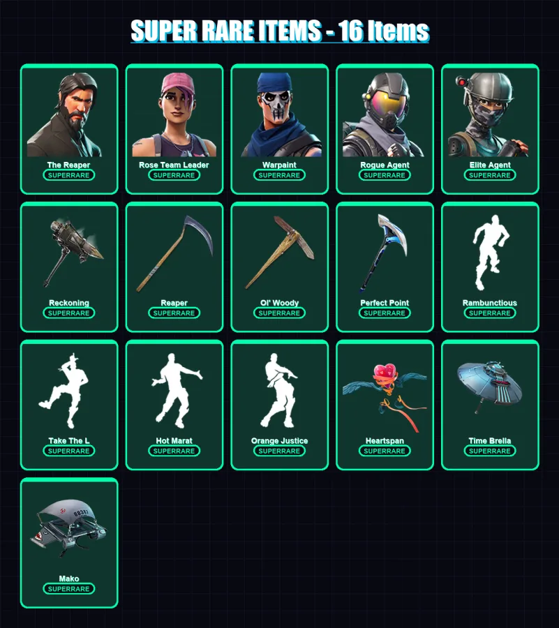 [PC/XBOX/PSN] | The Reaper | Rose Team Leader | Warpaint | Rogue Agent | Elite Agent | 163 skin | 131 pickaxe | 133 emote | 130 glider | Lv1758