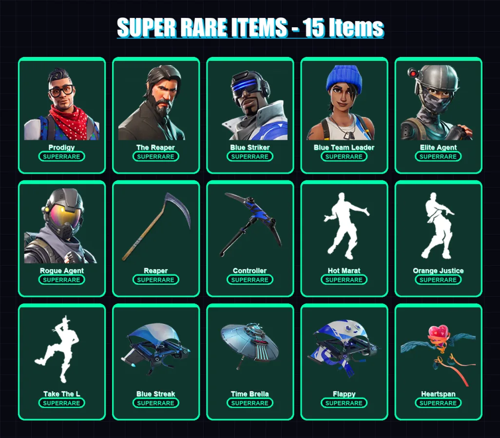 [PC/XBOX] | Prodigy | The Reaper | Blue Striker | Blue Team Leader | Elite Agent | 62 skin | 60 pickaxe | 71 emote | 69 glider | Lv1227