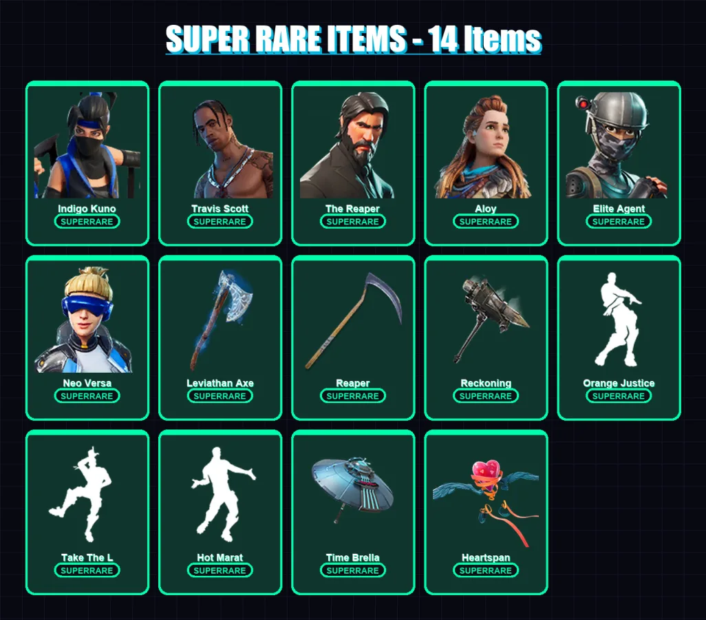 [PC/XBOX] | Indigo Kuno | Travis Scott | The Reaper | Aloy | Elite Agent | 142 skin | 144 pickaxe | 134 emote | 142 glider | Lv2528