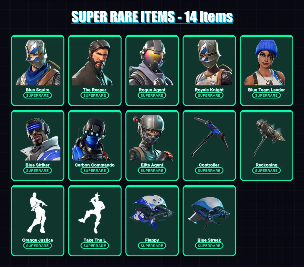 [PS4/PS5/XBOX/PC] | Blue Squire | The Reaper | Rogue Agent | Royale Knight | Blue Team Leader | 100 skin | 60 pickaxe | 104 emote | 73 glider | Lv73