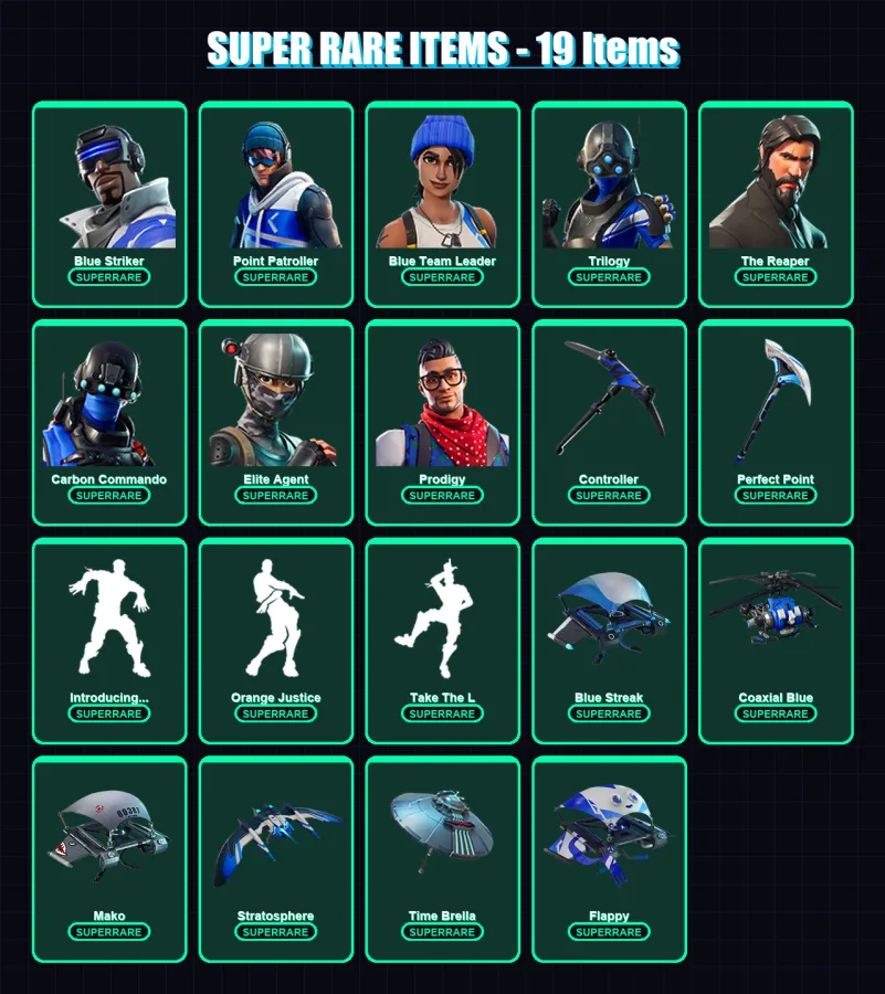 [PC/XBOX] | Blue Striker | Point Patroller | Blue Team Leader | Trilogy | The Reaper | 25 skin | 21 pickaxe | 31 emote | 34 glider | Lv422