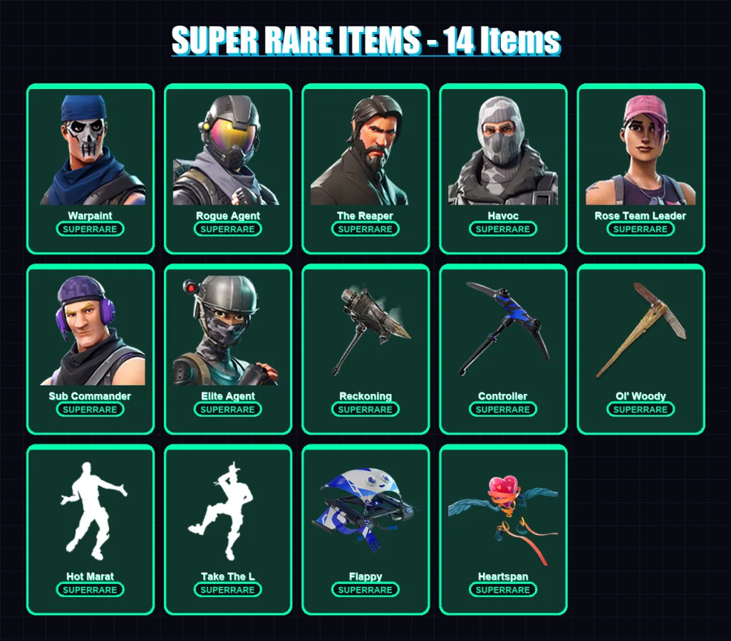 [PC/XBOX/PSN] | Warpaint | Rogue Agent | The Reaper | Havoc | Rose Team Leader | 135 skin | 170 pickaxe | 132 emote | 124 glider | Lv2352