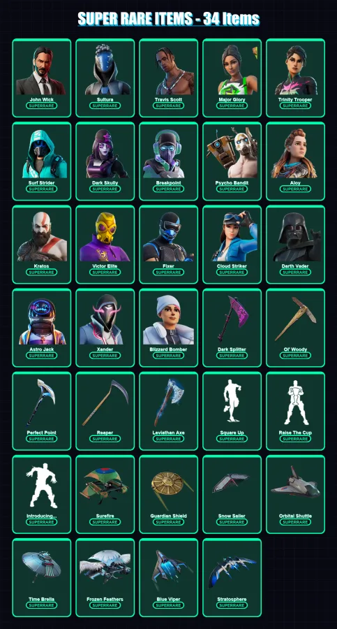 [PS4/PS5/PC] | John Wick | Sultura | Travis Scott | Major Glory | Trinity Trooper | 809 skin | 636 pickaxe | 441 emote | 358 glider | Lv4613