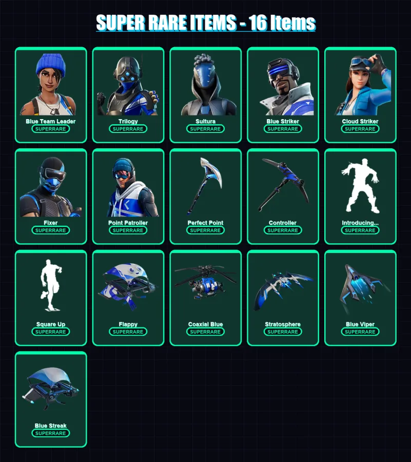 [PC] | Blue Team Leader | Trilogy | Sultura | Blue Striker | Cloud Striker | 17 skin | 42 pickaxe | 27 emote | 36 glider | Lv468
