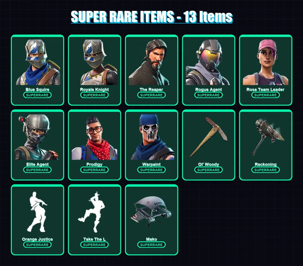 [PC/PSN] | Blue Squire | Royale Knight | The Reaper | Rogue Agent | Rose Team Leader | 62 skin | 66 pickaxe | 53 emote | 56 glider | Lv814 — Fortnite account