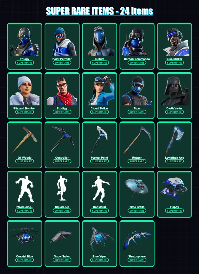 [PS4/PS5/XBOX/PC] | Trilogy | Point Patroller | Sultura | Carbon Commando | Blue Striker | 149 skin | 187 pickaxe | 144 emote | 154 glider | Lv2450