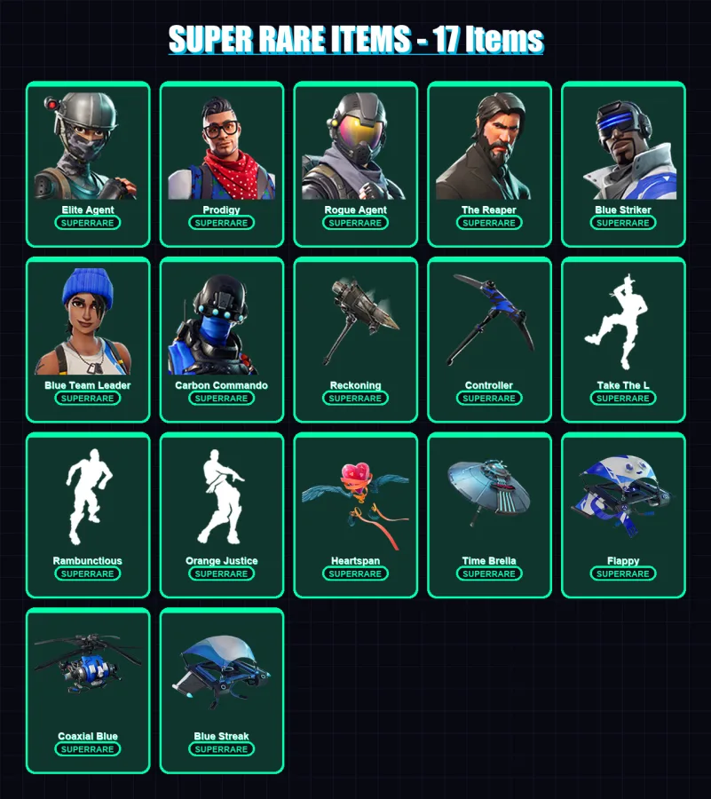[PS4/PS5/XBOX/PC] | Elite Agent | Prodigy | Rogue Agent | The Reaper | Blue Striker | 71 skin | 86 pickaxe | 94 emote | 95 glider | Lv1281