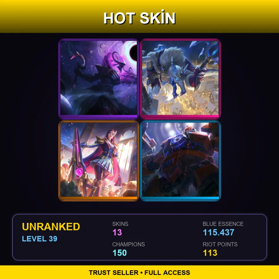 VN | Dark Star Thresh | Ice King Twitch | Battle Academia Caitlyn | Mecha Zero Sion | 13 Skin | 150 Champ | Lv39