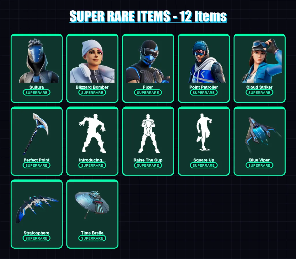 [PS4/PS5/XBOX/PC] | Sultura | Blizzard Bomber | Fixer | Point Patroller | Cloud Striker | 60 skin | 106 pickaxe | 62 emote | 65 glider | Lv840