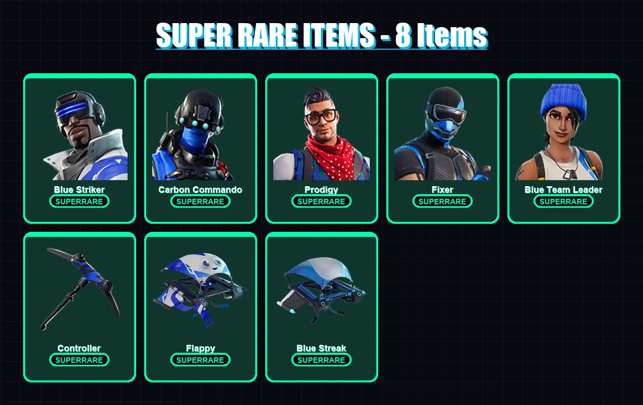 [PS4/PS5/XBOX/PC] | Blue Striker | Carbon Commando | Prodigy | Fixer | Blue Team Leader | 5 skin | 14 pickaxe | 15 emote | 12 glider | Lv286