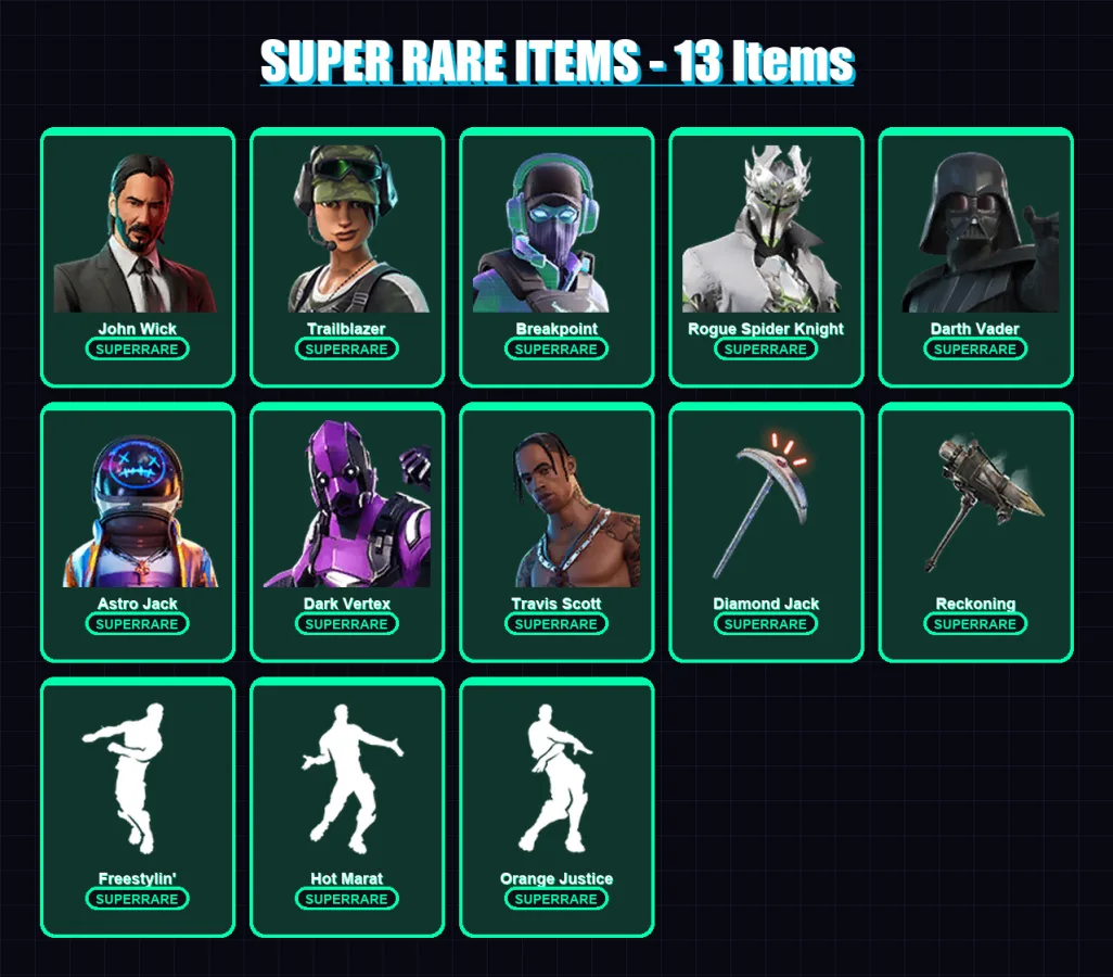 [PC] | John Wick | Trailblazer | Breakpoint | Rogue Spider Knight | Darth Vader | 140 skin | 113 pickaxe | 104 emote | 115 glider | Lv1457
